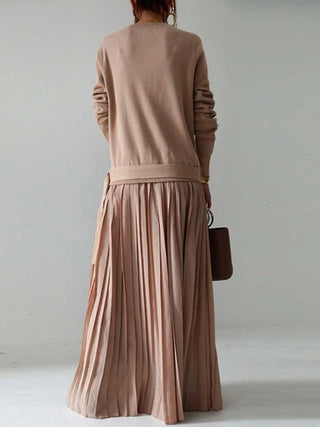 Belt Solid Pullover Knit Panel Pleated Dress