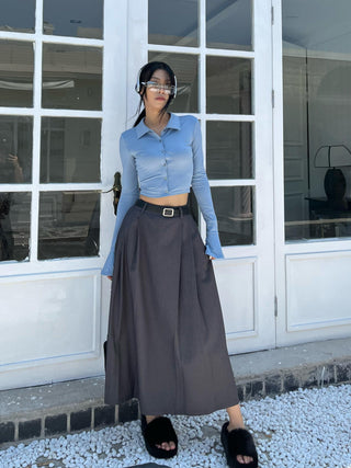 Trendy Gray Pleated Long Skirt