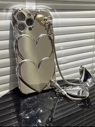 Bright Silver Heart Mirror Hand Chain Phone Case