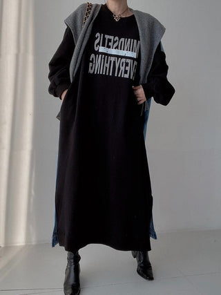 Simple Letter Print Denim Splt-joint Long Sleeve Sweatshirt Dress