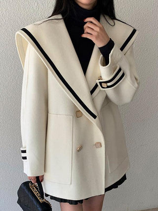 Navy Collar Double Breasted Oversized Woolen Jacket
