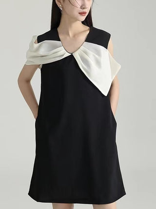 Asymmetric White Bow Black Dress