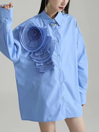 Pleated 3D Flower Long-Sleeved Shirt Dress