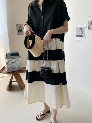 French Loose Black&white Oversize Shirt Dress