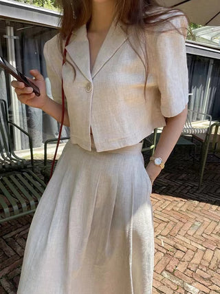Loose Linen Short Shirt & A-line Skirt 2 Pieces Suit