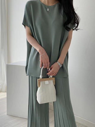 Round-Neck Knitting Shirt& Pleated Wide-Leg Pants Suit