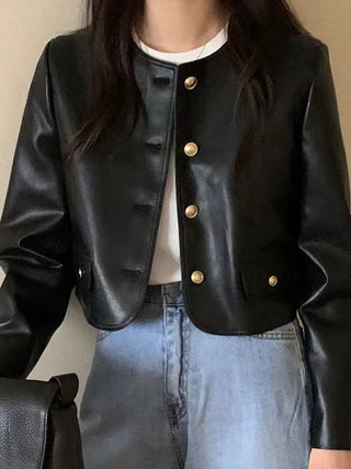 Round Neck Metallic Single-Breasted Leather Jacket