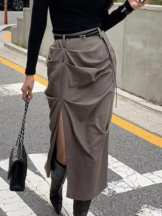 High-Waist Pleated Slit Skirt