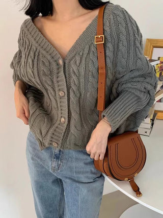 V-Neck Single-Breasted Hemp Pattern Cardigan Sweater