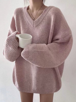 V-Neck Knitted Loose Pullover Sweater