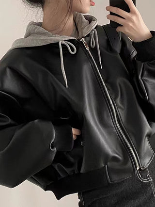 Vintage Zippered Loose Hooded Leather Jacket