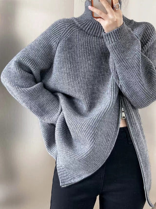 Double-End Diagonal Zipper Turtleneck Slouchy Sweater