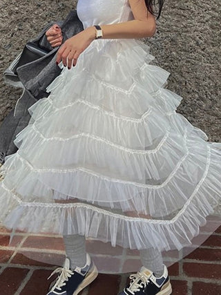 High-Waisted Paneled Ruffle Lace Skirt
