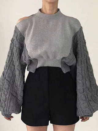 One-shoulder Patchwork Knitted Short Sweatshirt