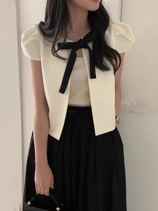 Bow Tie Color Block Puff Sleeve Shirt
