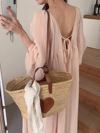 Romantic Pink Backless Puff Sleeve Long Vacation Dress