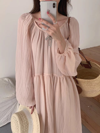 Romantic Pink Backless Puff Sleeve Long Vacation Dress