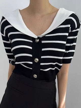 Vintage Navy Collar Striped Knitting T-shirt