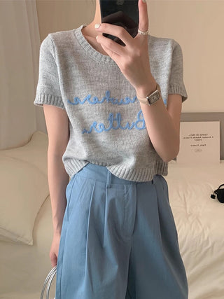 Embroidered Letter Print Knitting T-Shirt