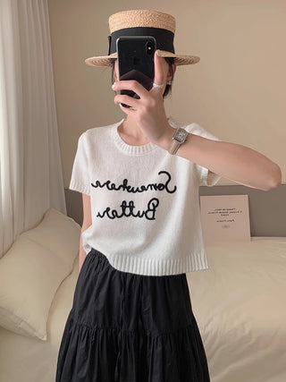 Embroidered Letter Print Knitting T-Shirt