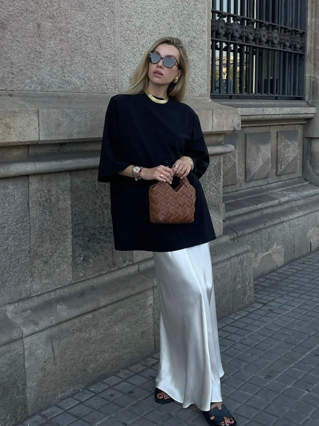 Chic Simple Black T-shirt & Silk Skirt 2-pieces Suit – painevida