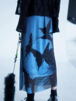 Black and Blue Butterfly Print Mesh Skirt