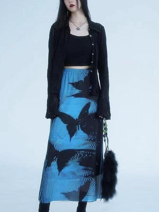 Black and Blue Butterfly Print Mesh Skirt