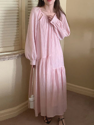 Sweet Casual Hollow Out Puff Sleeves Long Dress