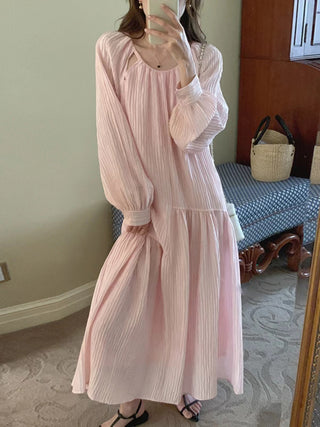 Sweet Casual Hollow Out Puff Sleeves Long Dress