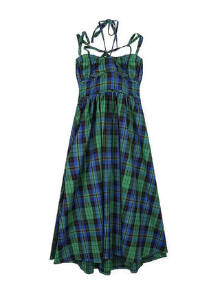 Retro Green Plaid Waist Backless Slip Dress
