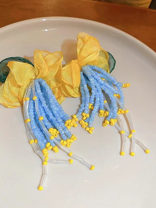 Silver Pin Flower Beaded Tassel Earrings