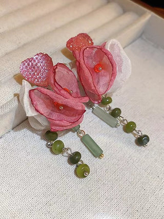 Silver Pin Flower Beaded Tassel Earrings