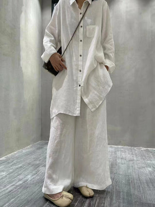 Retro Cotton Shirt&Wide-Leg Pants 2 Sets Suit