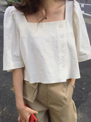 Square Neck Side Button Cropped Shirt