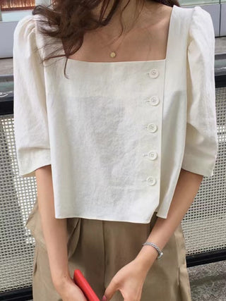 Square Neck Side Button Cropped Shirt
