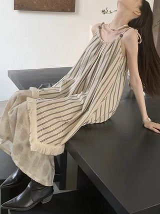 French Retro Striped Splicing Irregular Sling Dress