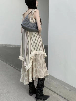 French Retro Striped Splicing Irregular Sling Dress