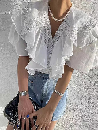 French Retro Lace Hollow Lace Stitching Casual Top