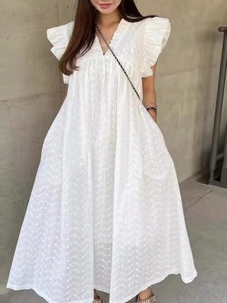 French Gentle White Polka Dot Small Flying Sleeve Dress