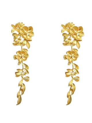 Gold Flower Long Leaf Earrings