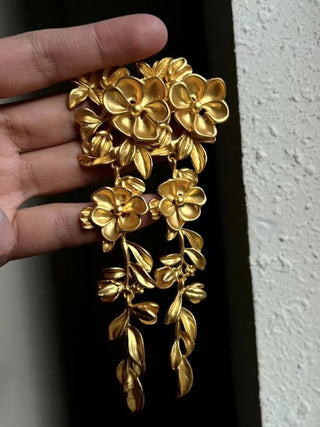 Gold Flower Long Leaf Earrings