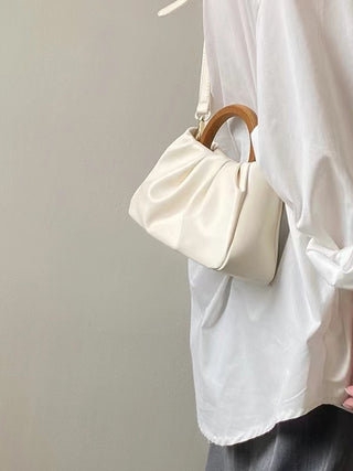 Pleated Cloud Small Tote Bag With Wooden Handle