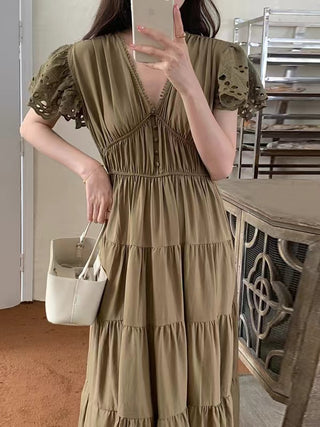Elegant Hollow Lace V-Neck Long Dress