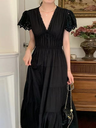 Elegant Hollow Lace V-Neck Long Dress