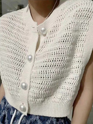 Pearl Button Hollow Jacquard Sleeveless Knitted Vest