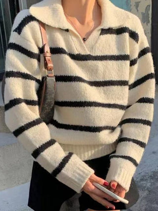 Lapel Contrast Striped Sweater