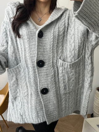 Hooded Hemp Pattern Buttoned Loose Knitted Cardigan