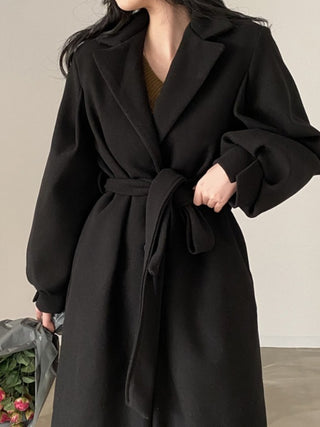 Loose Lace-up Woolen Long Black Coat