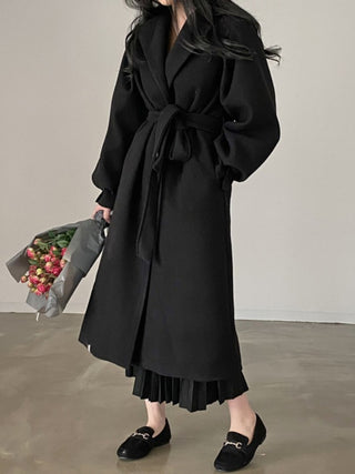 Loose Lace-up Woolen Long Black Coat
