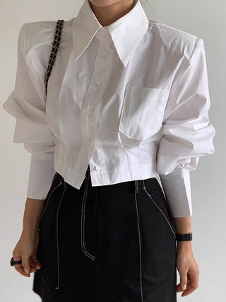 Cutout Back Tie Button Oversized Cropped Shirt